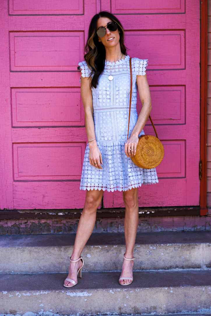 Blue Eyelet Dress and Straw Crossbody Bag